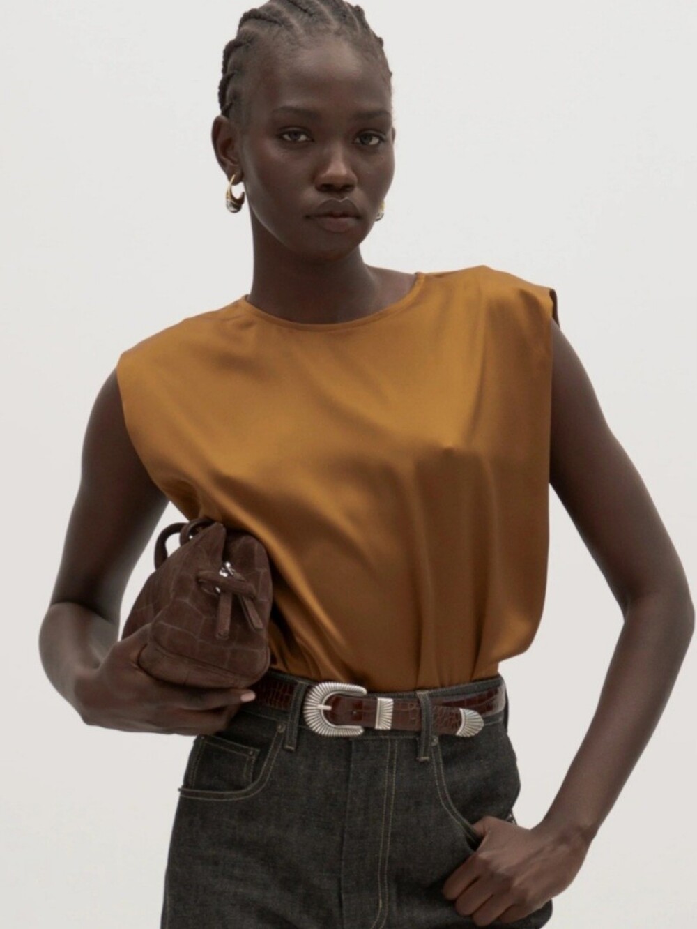 Roari Satin Sleeveless Tank Top in Mustard Brown